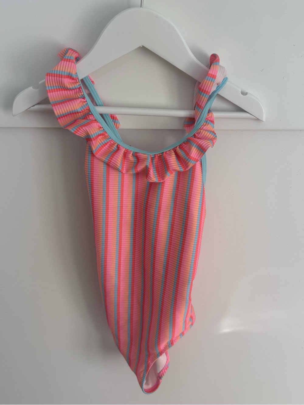 Zara Pink Blue Striped Ruffle Kids Swimsuit